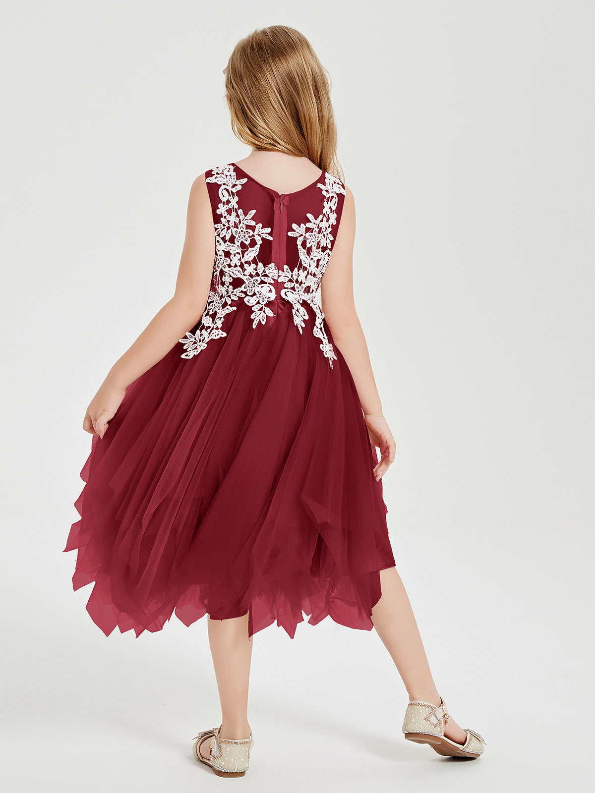 Tea Length Tulle Junior Bridesmaid Dresses Burgundy